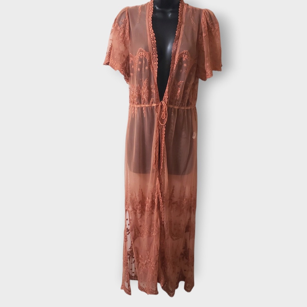 Blashe Womens Lace Maxi Kimono Coverup Robe Dusty Rose Pink Large Fairy Coquette